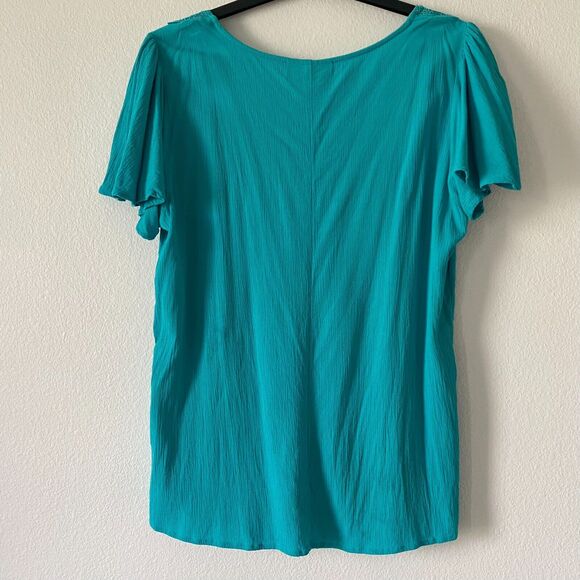 Lane Bryant Women's Tunic Teal Sz 14 Flare Sleeve Squared Neck Rayon Blouse Top - Picture 7 of 11